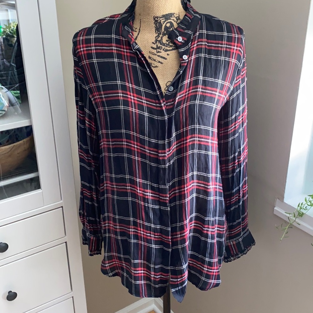 LOFT Black Red Plaid Button-Front Ruffle Collar Blouse